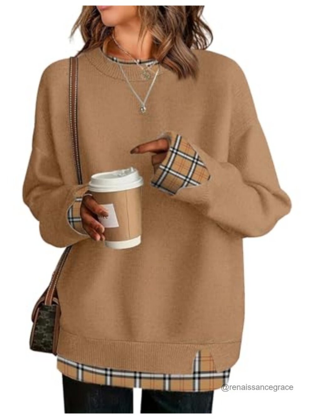 Womens Oversized Patchwork Knit Sweater Crew Neck Long Sleeve Pullover